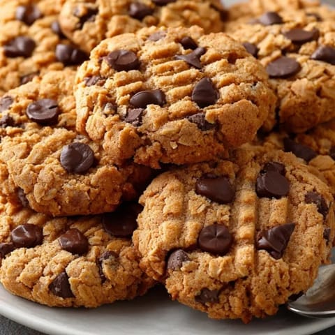 Close-up of homemade peanut butter oatmeal cookies with a soft center and crisp edges.