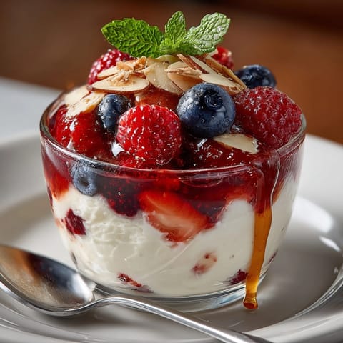 Ricotta berry parfait topped with toasted almonds and mint, perfect for a summer brunch treat.
