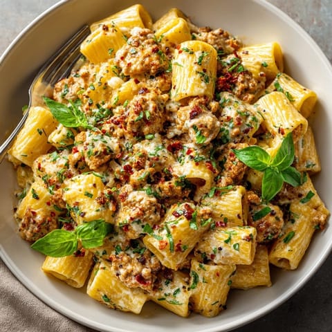Creamy Cheesy Ground Turkey Pasta topped with melted cheddar and sprinkled parsley on a white plate.