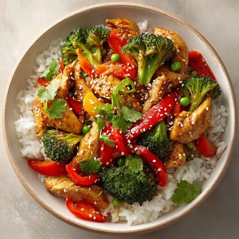 Colorful No-Fuss 20-Minute Stir-Fry featuring crispy vegetables and tender chicken in savory sauce.