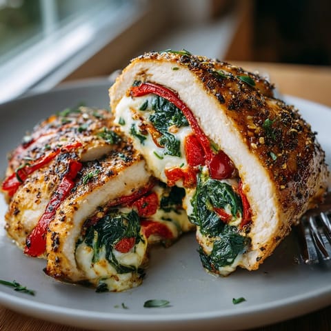 Golden Roasted Red Pepper, Spinach, and Mozzarella Stuffed Chicken breasts with gooey cheese oozing out.