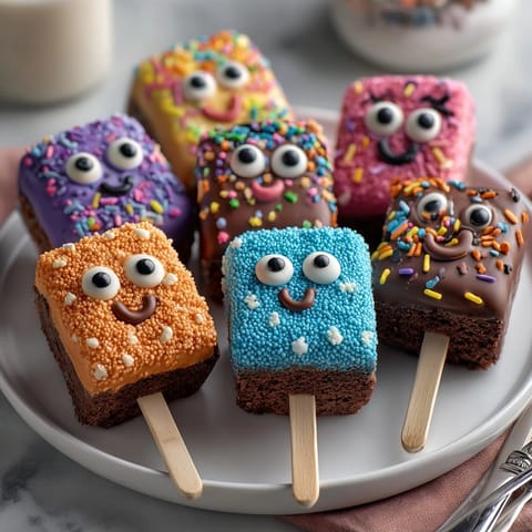 Festive Monster Brownie Pops, dipped and decorated, sit on parchment—ready to delight kids.