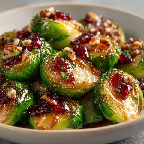 Vibrant Cranberry-Glazed Brussels Sprouts with Pecans: Roasted, glazed perfection, topped with crunchy toasted nuts.