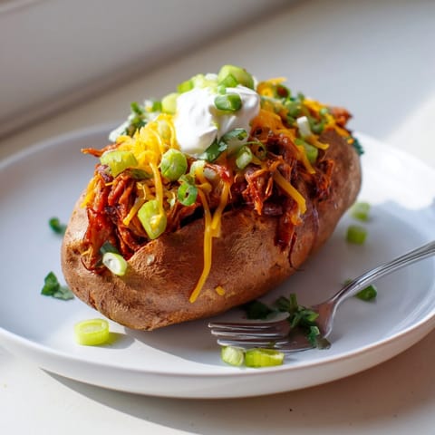 Close-up of creamy Pulled Pork Stuffed Baked Potatoes, garnished with fresh herbs and scallions.