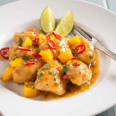 Juicy Mango Sweet Chili Chicken Bake after baking, garnished with cilantro and chili.