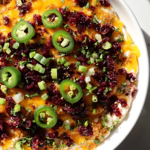 Vibrant cranberry jalapeño dip cheddar melt served warm with crunchy pita chips.  
