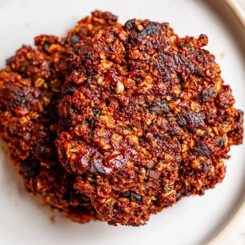 Savory vegan bean burger patties, perfectly baked and topped with fresh veggies.  