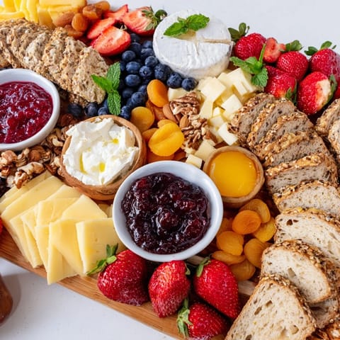Brunch board featuring vibrant jams, sliced fruits, and crusty bread arrangements.  