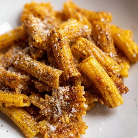 Baked pasta chips seasoned variety with garlic, herbs, and a hint of spice.  