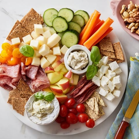 Close-up of the delicious Girl Dinner Platter with fresh grapes and creamy dips.  