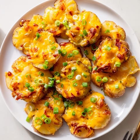 Golden-brown Smashed Green Onion Potato Bombs served hot, drizzled with olive oil.  