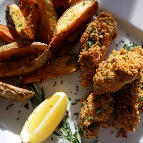 Crispy, golden herbed chicken tenders served with flavorful, homemade potato wedges and lemon.  