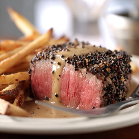 Juicy Classic Peppercorn Ribeye steak served with crispy golden fries, perfect for dinner.  