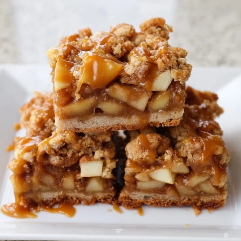 Golden-brown Caramel Apple Cookie Bars showcasing a delicious caramel drizzle over tender apple filling.