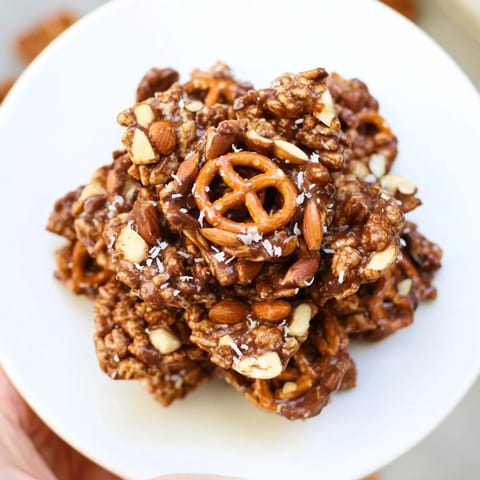 Golden, chocolate-covered Festive Pine Cone Snack Mix piled on a white serving plate, delicious holiday snack.