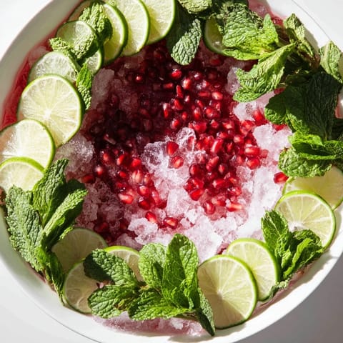 A chilled, glistening pomegranate and mint wreath cocktail, perfect for a cheerful gathering, overflowing with ice.