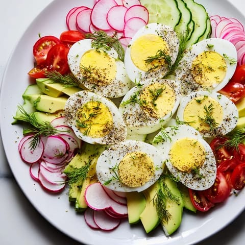 A colorful brunch board with vibrant hard-boiled eggs enhanced by everything bagel seasoning.