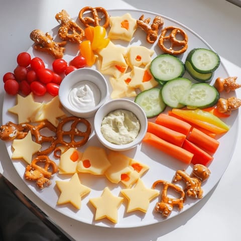 This Kids Snack Adventure Map image shows a fun, vibrant platter with healthy snack options for children.