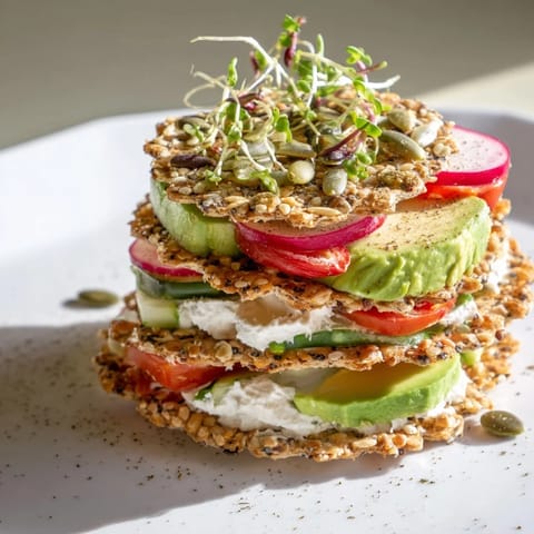 Enjoy a close-up of this delicious Gluten-Free Gourmet Tower, a perfect appetizer for sharing at parties.
