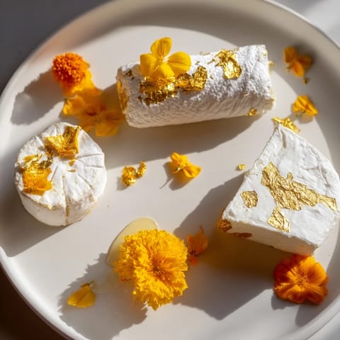 A luxurious The Gilded Lily cheese board showcases rich, white cheeses speckled with golden edible accents.