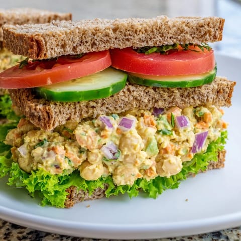 A close-up photo of a delicious Easy Chickpea Salad Sandwich with colorful vegetable layers.