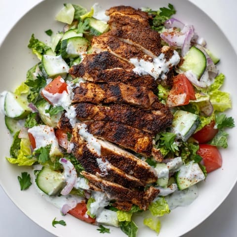 A vibrant chicken shawarma salad with colorful vegetables, fresh parsley, and a tangy garlic yogurt drizzle ready to serve.
