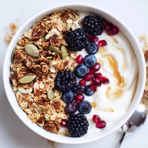 A close-up of a yogurt bowl with mixed berries and a cinnamon-ginger-nutty granola cluster, ready to enjoy.