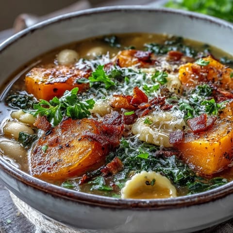 Steaming bowl of Fall Minestrone with kale, butternut squash, and ditalini pasta topped with pancetta and Parmesan.