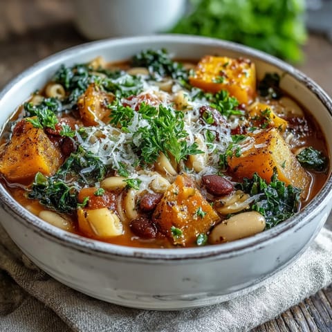 Close-up of rustic Winter Minestrone Soup, showcasing tender kale and beans in a rich tomato broth.