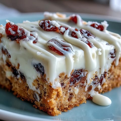 Freshly baked Cranberry Bliss Bars on a cooling rack show golden edges with bright red cranberries peeking through the chewy texture.