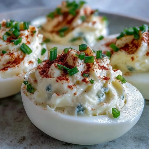 Filled deviled egg halves with creamy chive-speckled yolk mixture for an easy lunch.