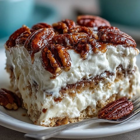 Freshly baked Butter Pecan Tres Leches Cake soaked in sweet milk and topped with creamy whipped cream and crunchy toasted pecans.
