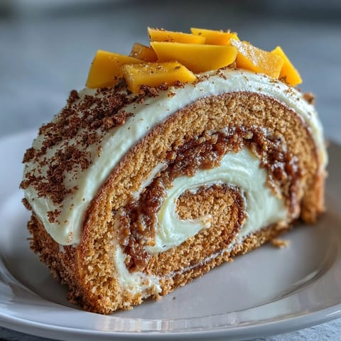 Freshly sliced Hojicha Roll Cake reveals velvety roasted tea cream and juicy mango inside the tender sponge.