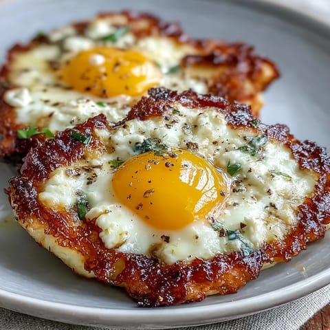 Golden Crispy Feta Fried Eggs in a skillet with a sprinkle of red pepper flakes.