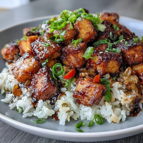 Golden, crispy tofu cubes and colorful veggies in soy-sesame sauce over fluffy fried rice.
