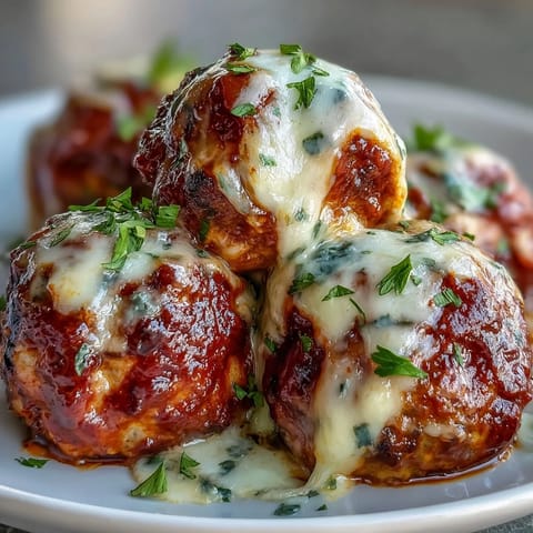 Golden-brown Baked Spicy Chicken Parm Meatballs ready to serve over spaghetti or in a hoagie roll.