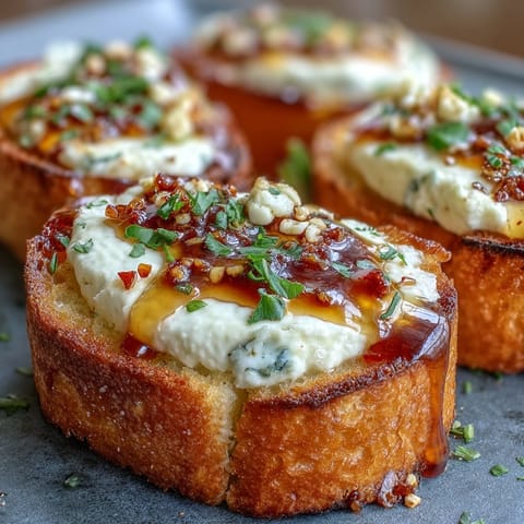 Fresh chives top the Hot Honey Goat Cheese Crostini, served warm as a delicious appetizer on a rustic platter.