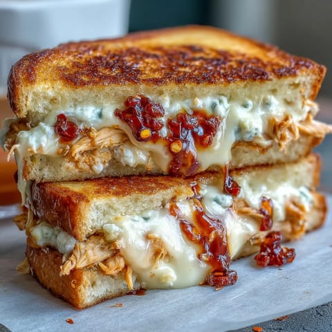 Golden-brown Goat Cheese & Hot Honey Chicken Grilled Cheese sandwiches are sliced to reveal melty, shredded chicken filling.