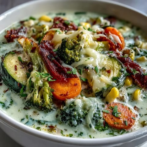 Golden melted Parmesan and mozzarella swirl through the Creamy Garlic Parmesan Veggie Soup in a ladle. 