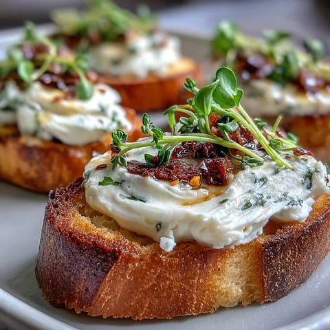 Toasted baguette with whipped goat cheese and spicy sweet honey drizzle on a wooden serving board.