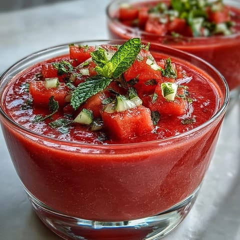 Vibrant Vegan Watermelon Mint Gazpacho blended smooth with lime and mint, poured into a glass pitcher ready to serve four guests.