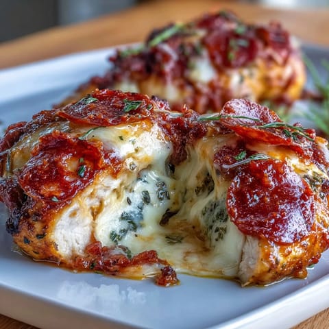 Keto pizza-stuffed chicken breasts filled with gooey mozzarella, tangy marinara, and savory pepperoni, seared to golden perfection.  