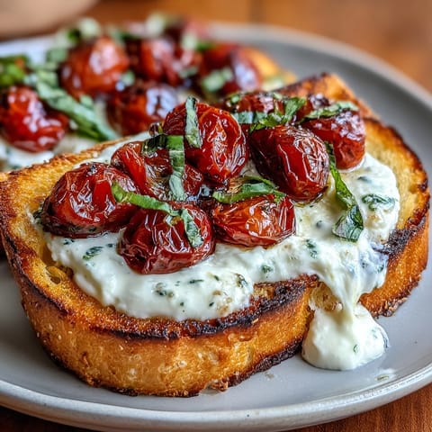 Crispy crostini topped with creamy burrata and sweet roasted cherry tomatoes, garnished with fresh basil and olive oil.