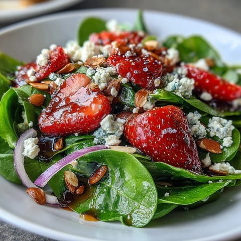 Fresh baby spinach and juicy strawberries tossed with toasted almonds and tangy poppy seed dressing, a colorful vegetarian delight.  