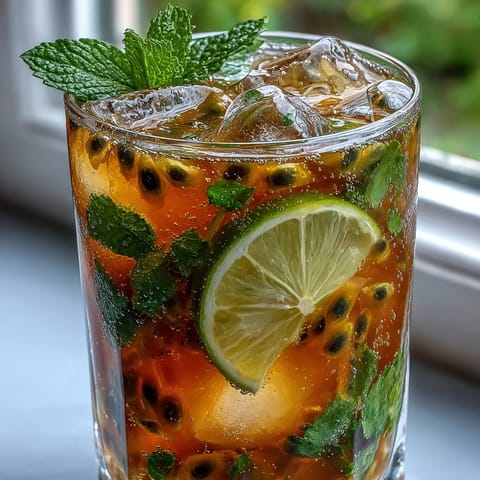 Vibrant passionfruit mojito with fresh mint, lime, and soda water, served in a chilled highball glass with tropical garnishes.