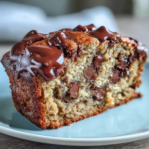 Moist and fluffy chocolate chip protein banana bread with ripe banana aroma, baked to perfection and topped with extra chocolate morsels.  
