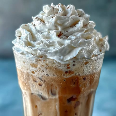 Creamy iced vanilla bean frappuccino blended with coffee and almond milk, topped with fluffy coconut whipped cream.