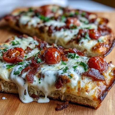 Golden flatbread topped with roasted turkey, cherry tomatoes, crispy bacon, and melted cheese, drizzled with rich Mornay sauce.