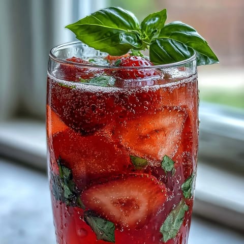 A pitcher of strawberry basil lemonade with fresh strawberries and basil leaves, served over ice with lemon slices for a refreshing spring drink.