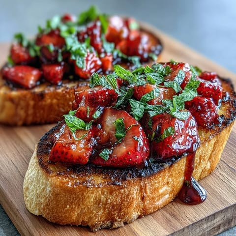 Fresh Strawberry Bruschetta with Balsamic and Mint, toasted baguette topped with juicy strawberries and mint, drizzled with balsamic glaze.
